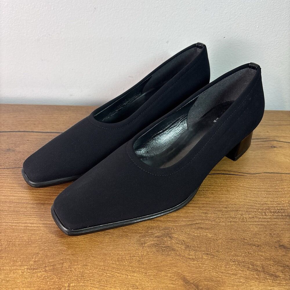 Stuart Weitzman VTG 90s Black Fabric Low Stacked Heel Pumps Square Toe 6.5-7 N ?